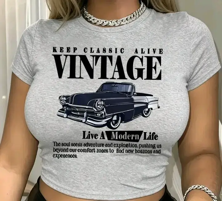 Polera Vintage Gris y Negra  con Estampado - 2