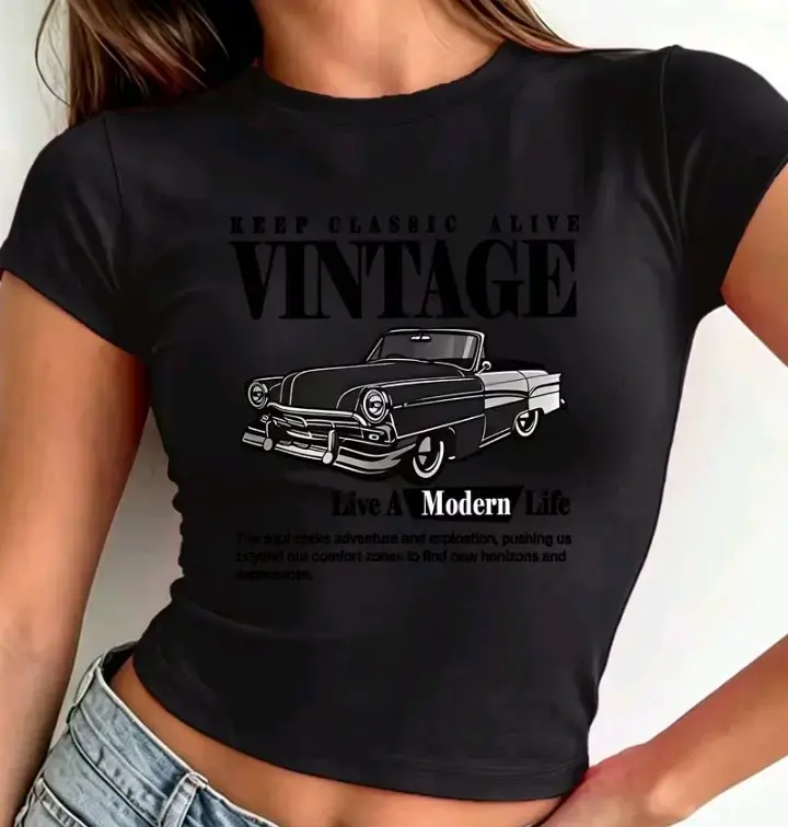 Polera Vintage Gris y Negra  con Estampado - 4