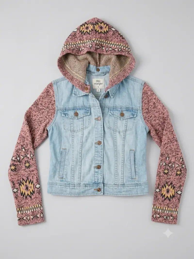 Chaqueta de mezclilla con capucha y mangas tejidas - 2