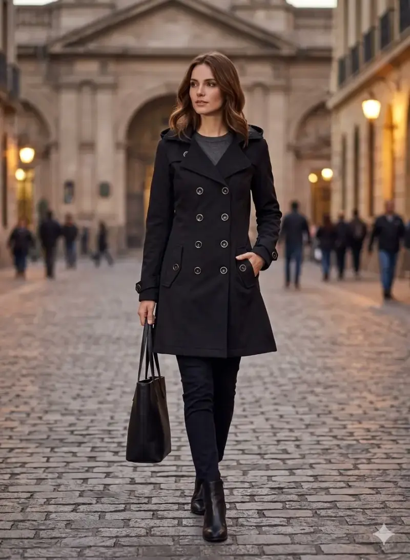 Abrigo negro con capucha para mujer - 1