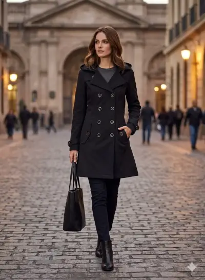 Abrigo negro con capucha para mujer - miniatura 1
