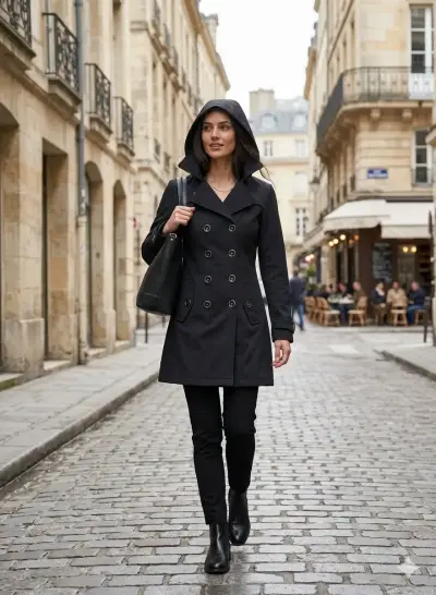 Abrigo negro con capucha para mujer - miniatura 2