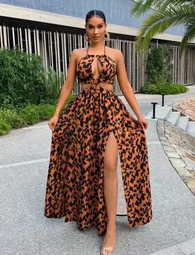 Vestido largo estampado animal print con aberturas - miniatura 1