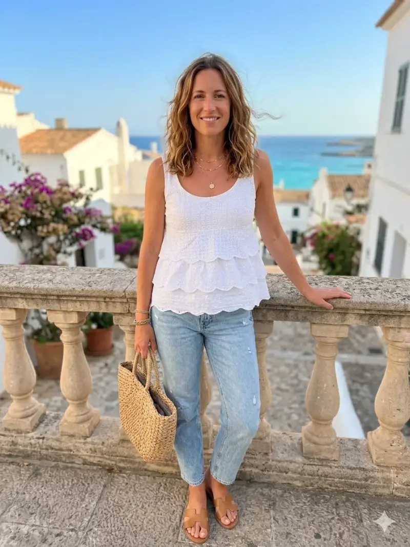 Blusa blanca de encaje con volantes