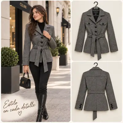 Blazer gris con cinturón para mujer - miniatura 1