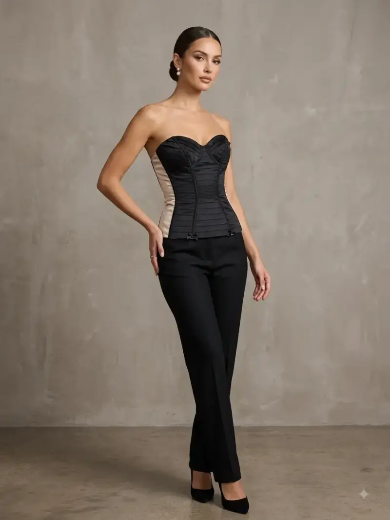 Corset strapless negro y beige elegante