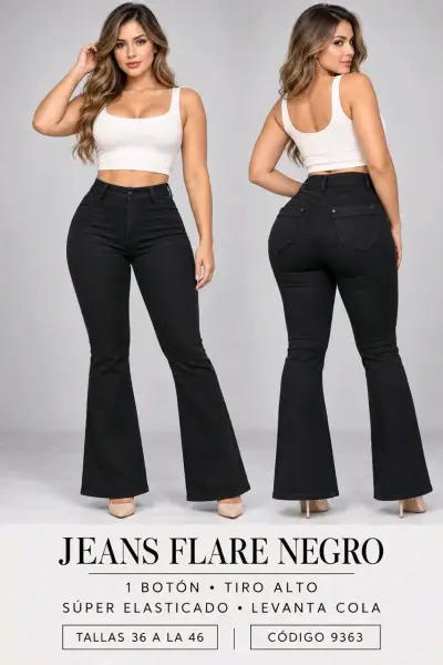 Jeans Flare Negro Tiro Alto Levanta Cola - miniatura 1