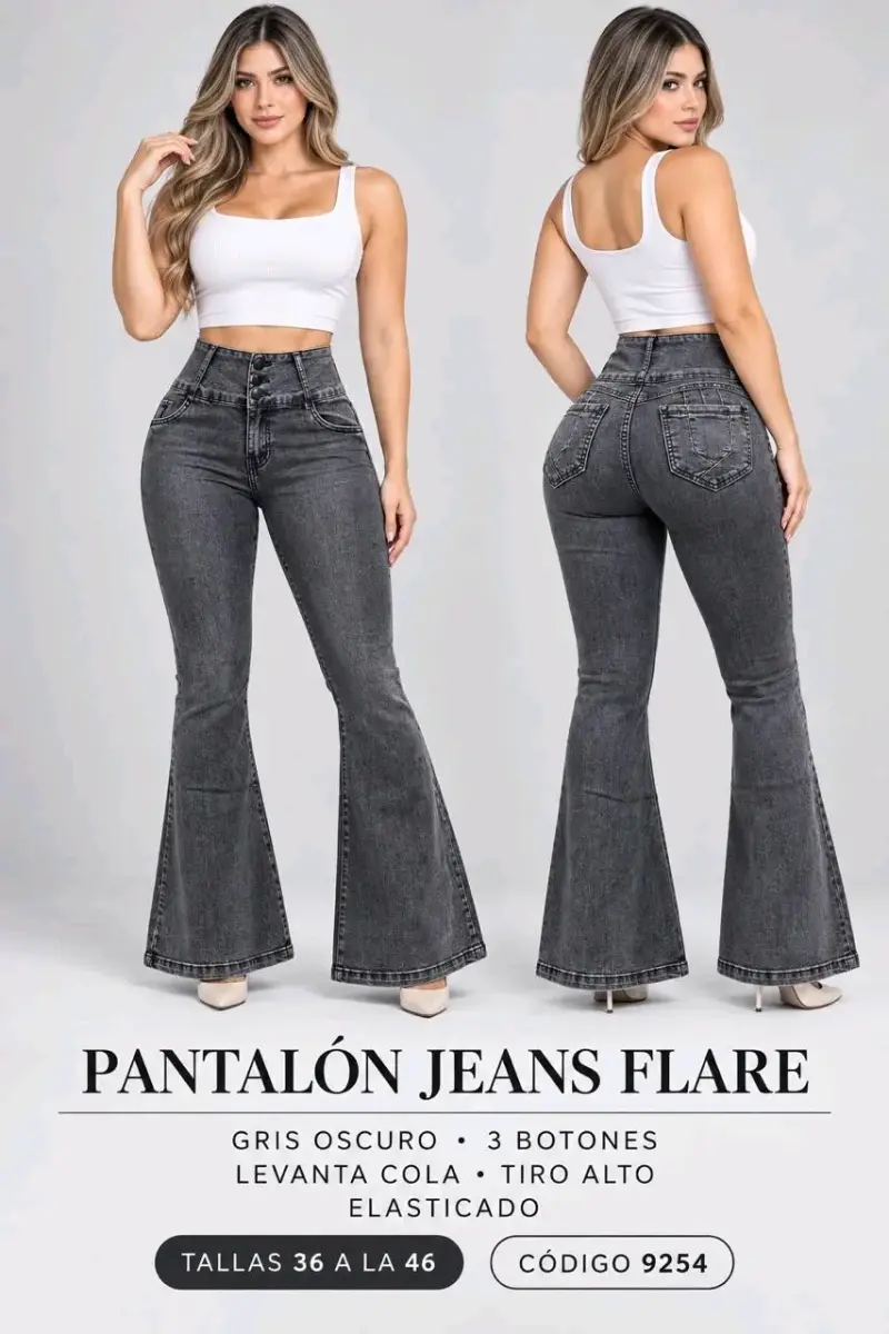 Jeans Flare Negro Tiro Alto Levanta Cola - 2