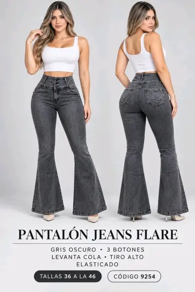 Jeans Flare Negro Tiro Alto Levanta Cola - miniatura 2