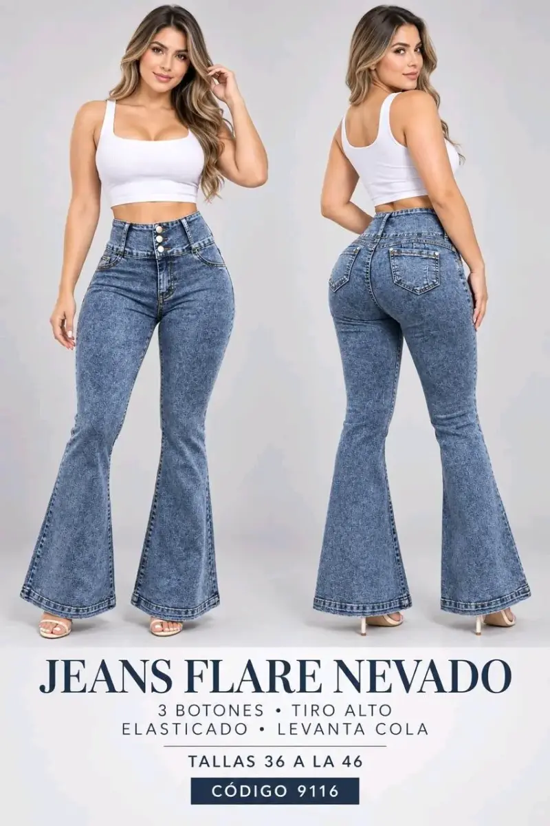 Jeans Flare Negro Tiro Alto Levanta Cola - 3