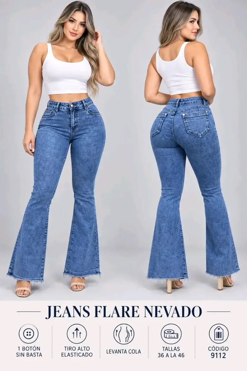 Jeans Flare Negro Tiro Alto Levanta Cola - 4