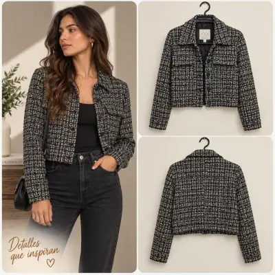 Chaqueta corta tweed blanco y negro L - miniatura 1