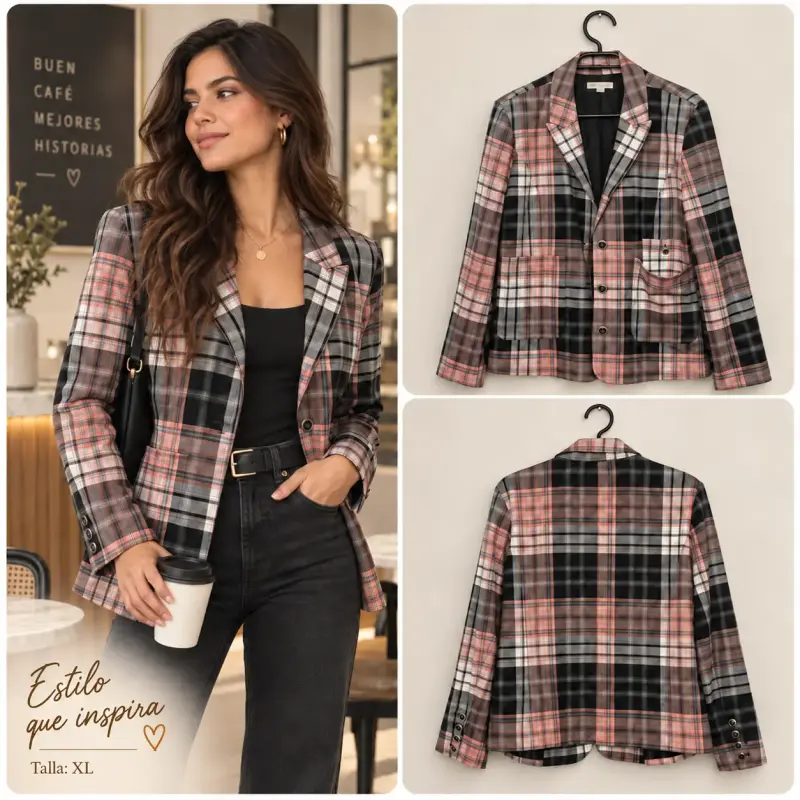 Blazer a cuadros negro, rosa y blanco Cako XL - 1