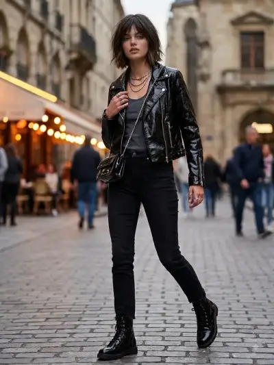 Chaqueta de cuero sintético negra estilo biker - miniatura 1