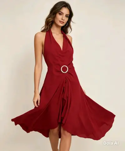 Vestido rojo elegante con detalle de hebilla - miniatura 1