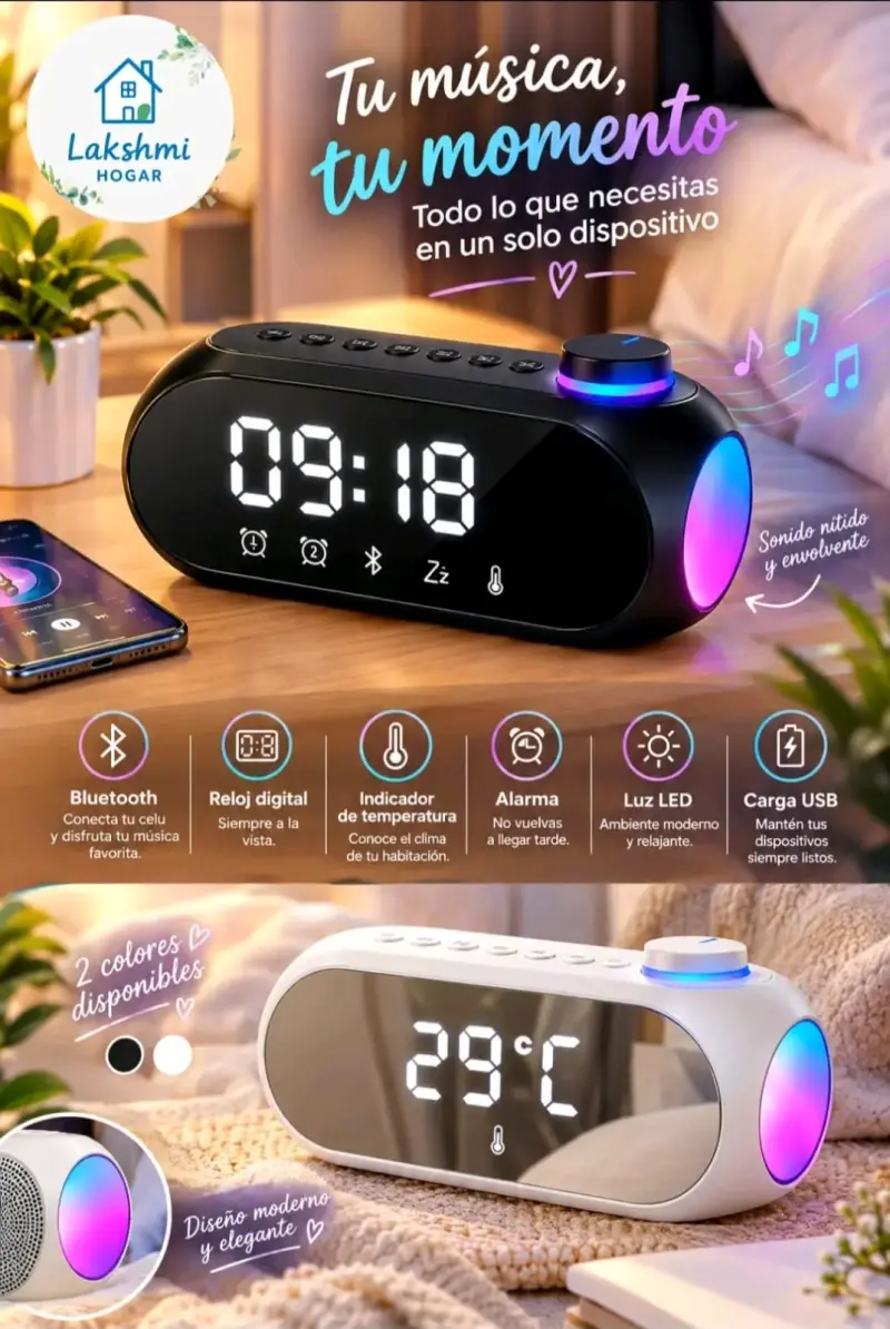 Reloj despertador digital con Bluetooth y luz LED
