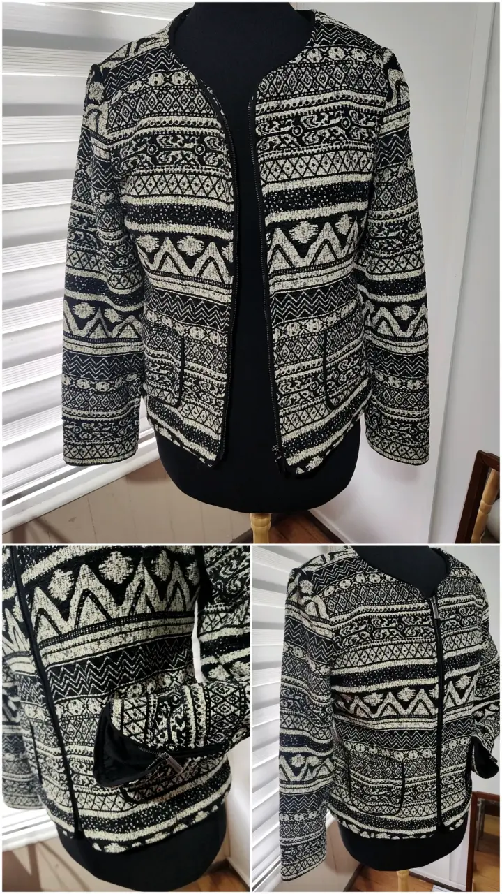 Chaqueta de punto étnica en blanco y negro