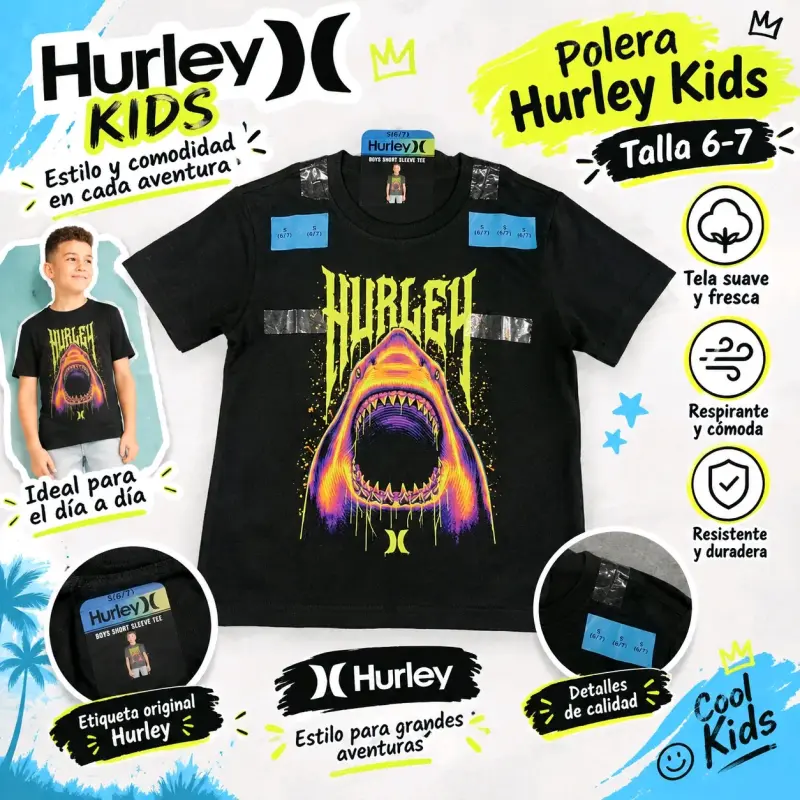 Polera Hurley Kids con diseño de tiburón