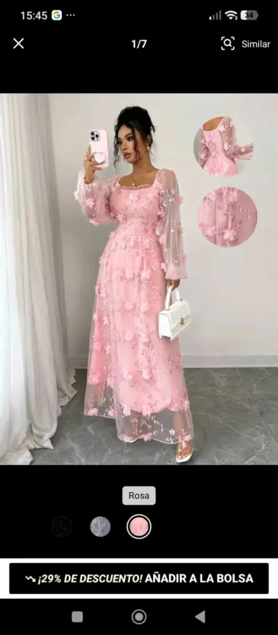 Vestido largo elegante rosa con detalles florales - miniatura 1