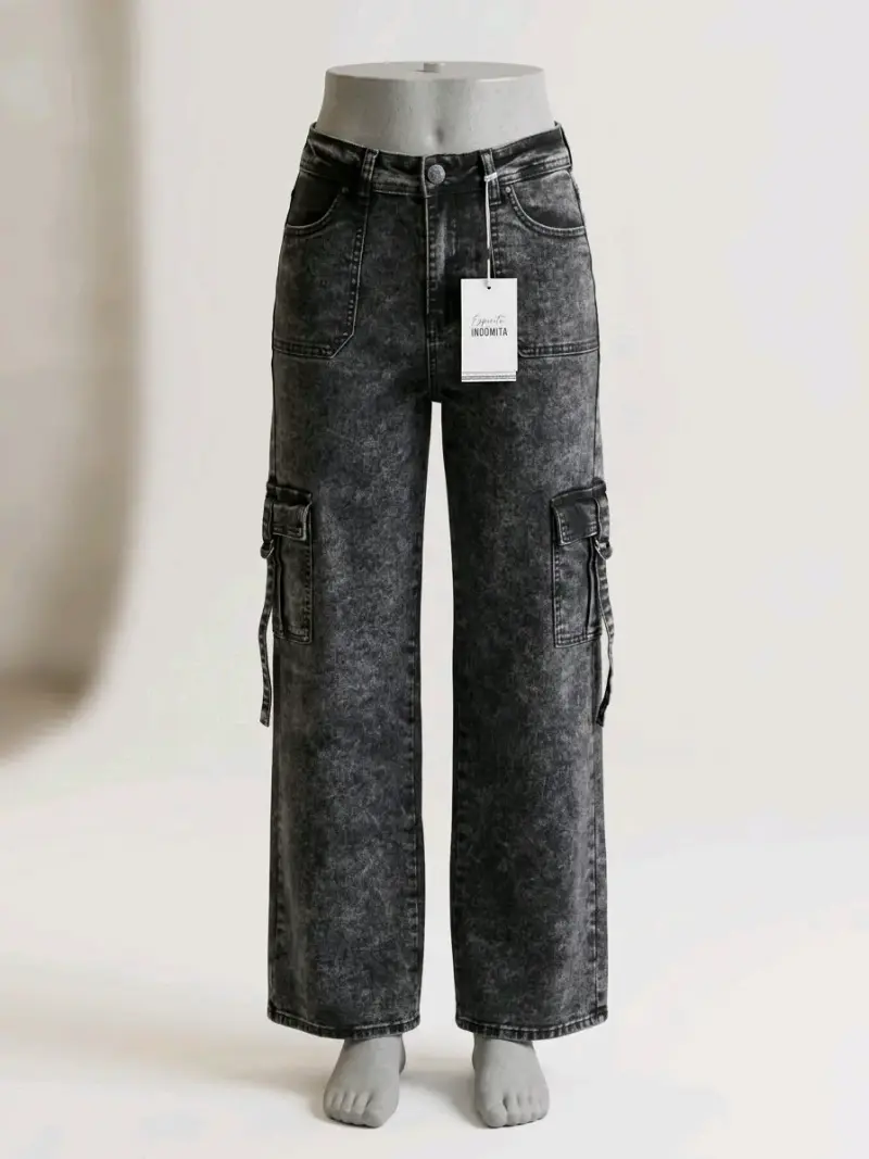 Pantalones cargo negros de mezclilla para mujer - 1