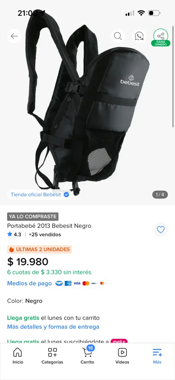 Portabebé Bebesit Negro Cómodo y Seguro