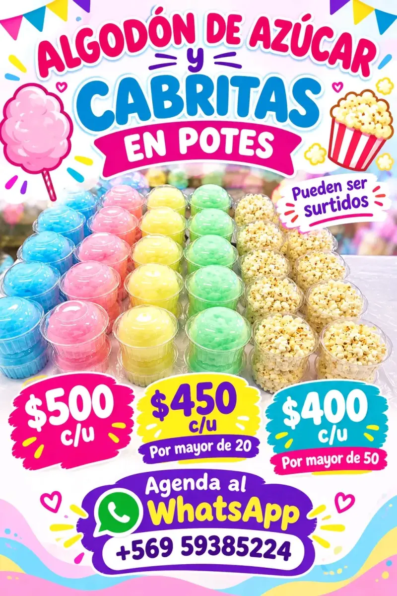 Algodón de azúcar y cabritas en potes surtidos