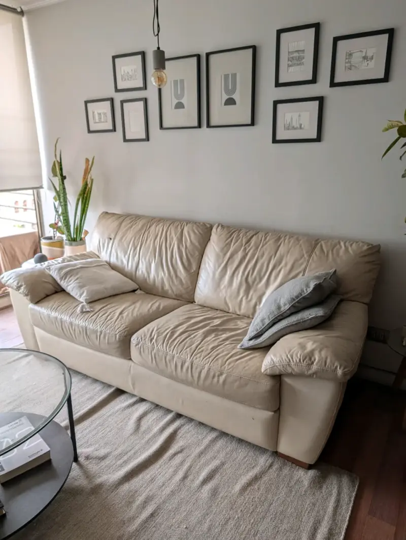 Sofá de cuero beige en buen estado - 3