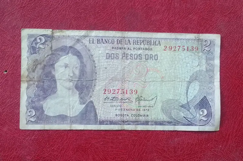 Billete antiguo de 2 pesos oro colombiano 1972 - 1