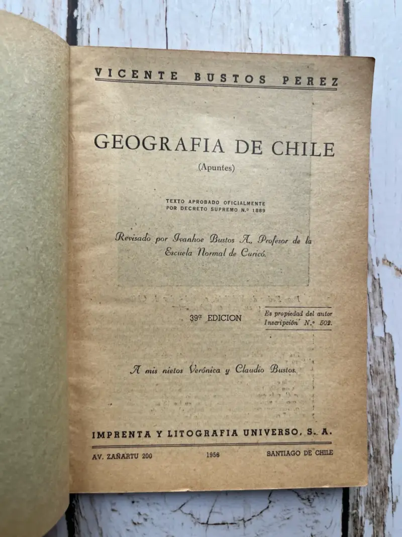 Libro Geografía de Chile Vicente Bustos Pérez 1956 - 2