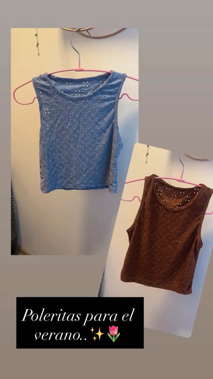Poleras sin mangas de encaje azul y marrón