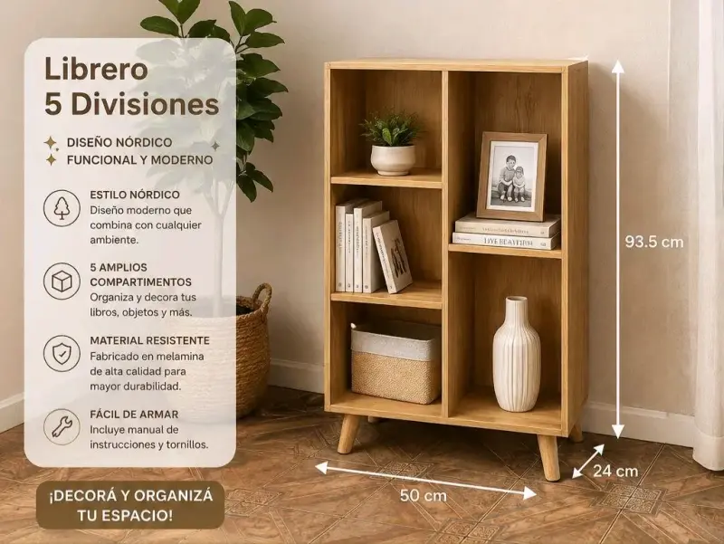 Librero de 5 divisiones estilo nórdico - 3