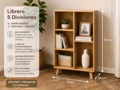 Librero de 5 divisiones estilo nórdico - miniatura 3