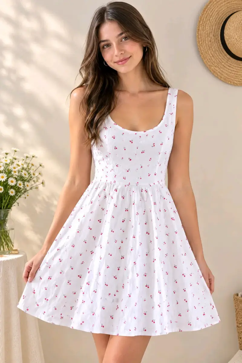 Vestido blanco con estampado de cerezas - 3