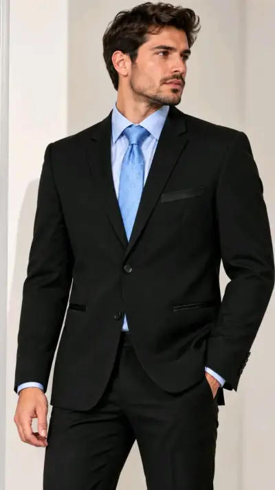 Traje formal negro para hombre con corbata azul - miniatura 3