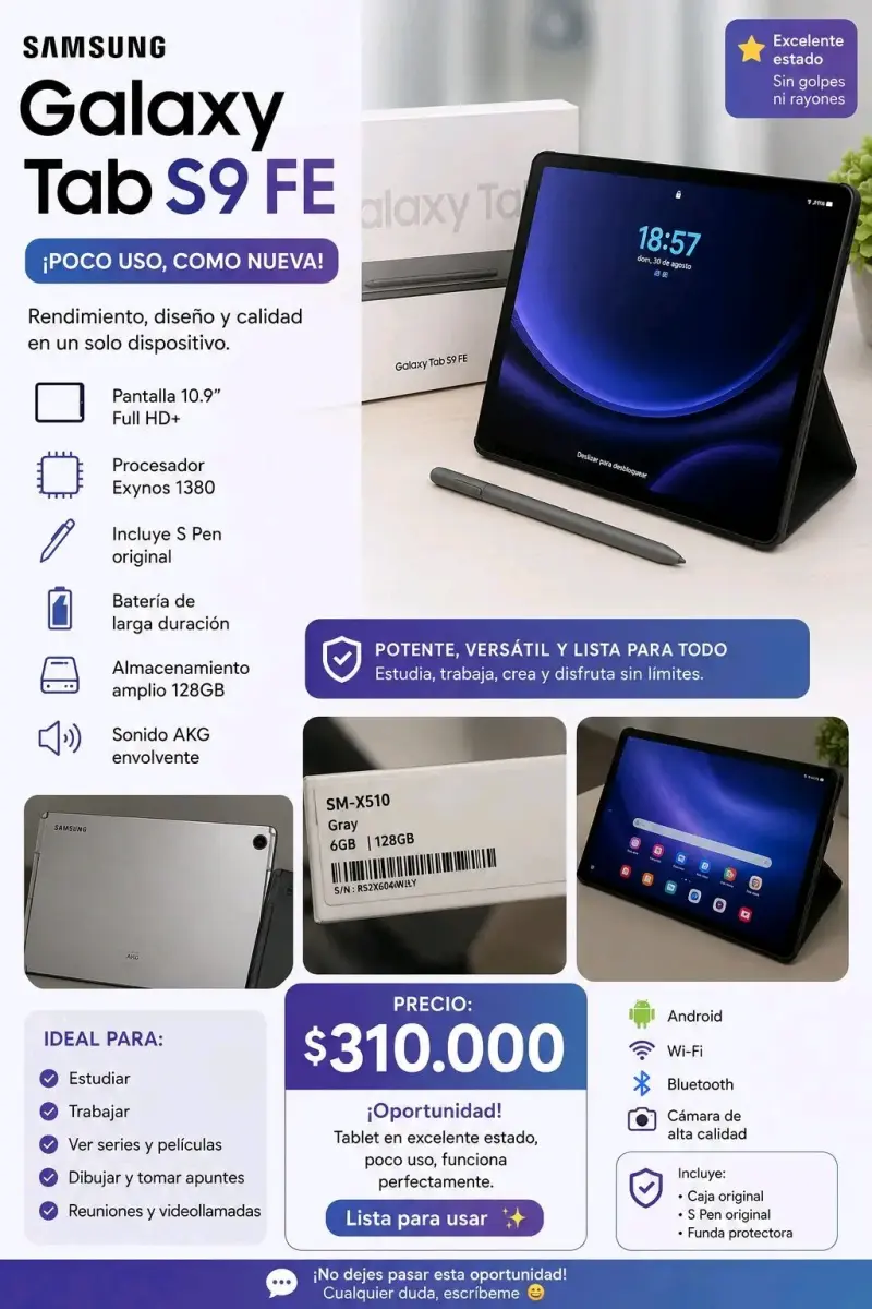 Samsung Galaxy Tab S9 FE con S Pen y 128GB
