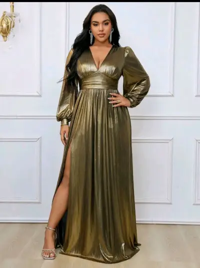 Vestido largo dorado con escote en V - miniatura 1