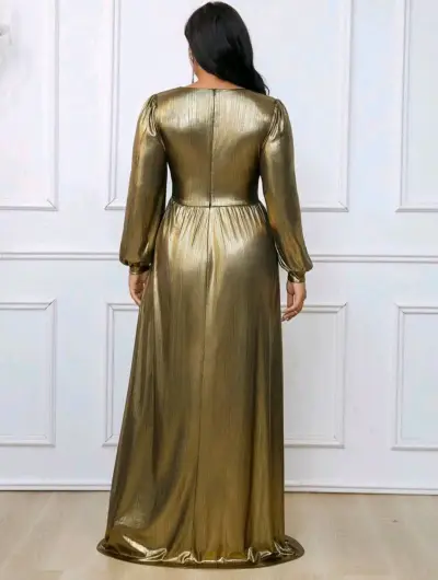 Vestido largo dorado con escote en V - miniatura 2