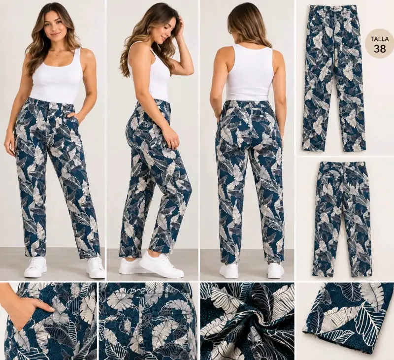 Pantalones estampados de hojas para mujer talla 38