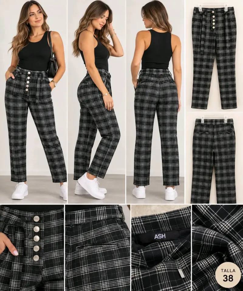 Pantalones a cuadros negros con cinturón