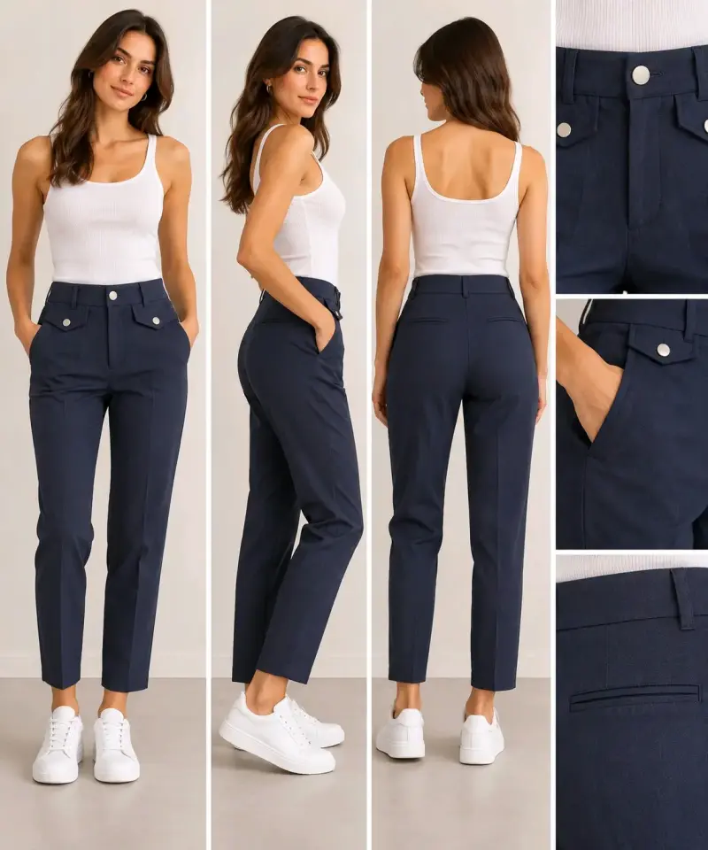 Pantalones azul marino para mujer con bolsillos - 1