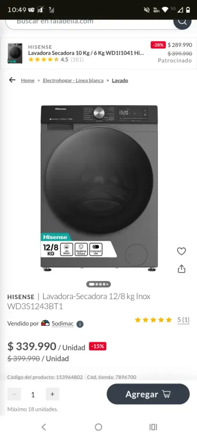 Lavadora-Secadora Hisense 12/8 kg Inox - miniatura 1