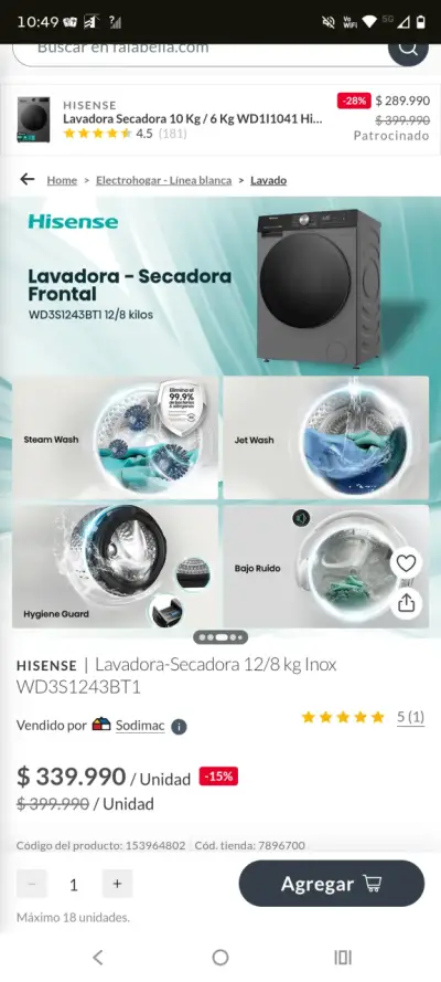 Lavadora-Secadora Hisense 12/8 kg Inox - miniatura 2