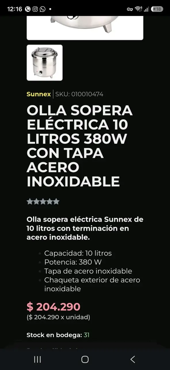 Olla sopera eléctrica Sunnex 10 litros 380W - 2
