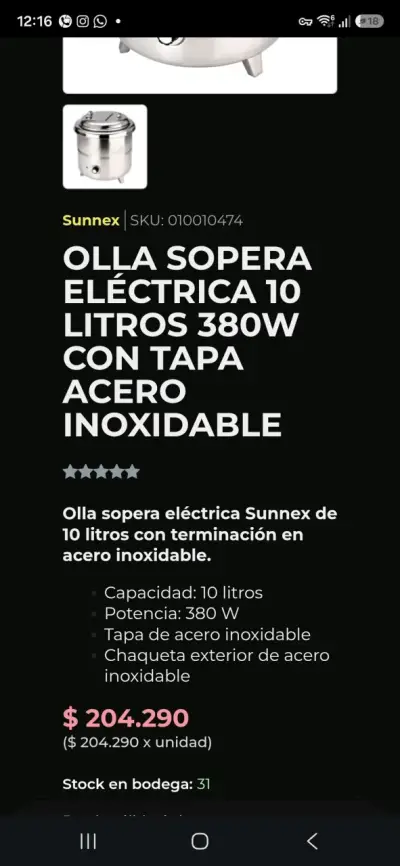 Olla sopera eléctrica Sunnex 10 litros 380W - miniatura 2