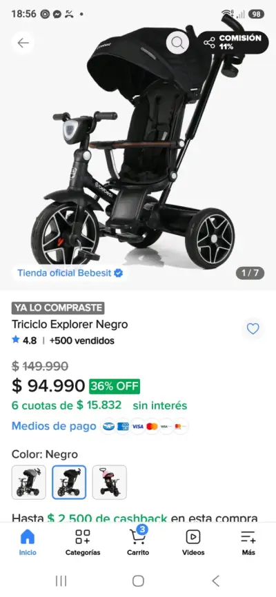 Triciclo Bebesit Explorer Negro para Niños - miniatura 1
