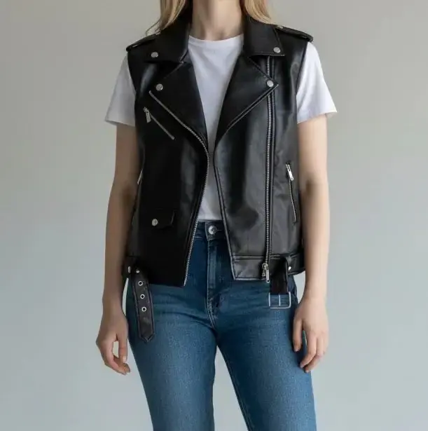 Chaleco de cuero negro estilo biker para mujer - 4