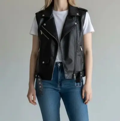 Chaleco de cuero negro estilo biker para mujer - miniatura 4