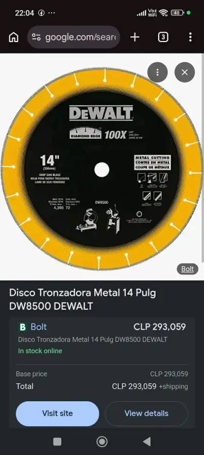 Disco Tronzadora Metal 14 Pulgadas DeWalt DW8500 - miniatura 1
