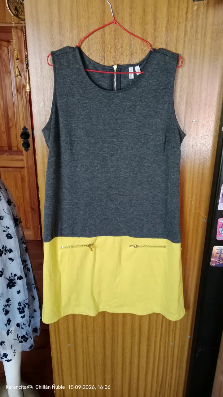 Vestido sin mangas gris y amarillo talla L - 3