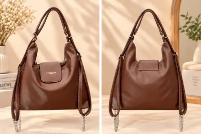 Bolso de cuero marrón con cadena decorativa - miniatura 1